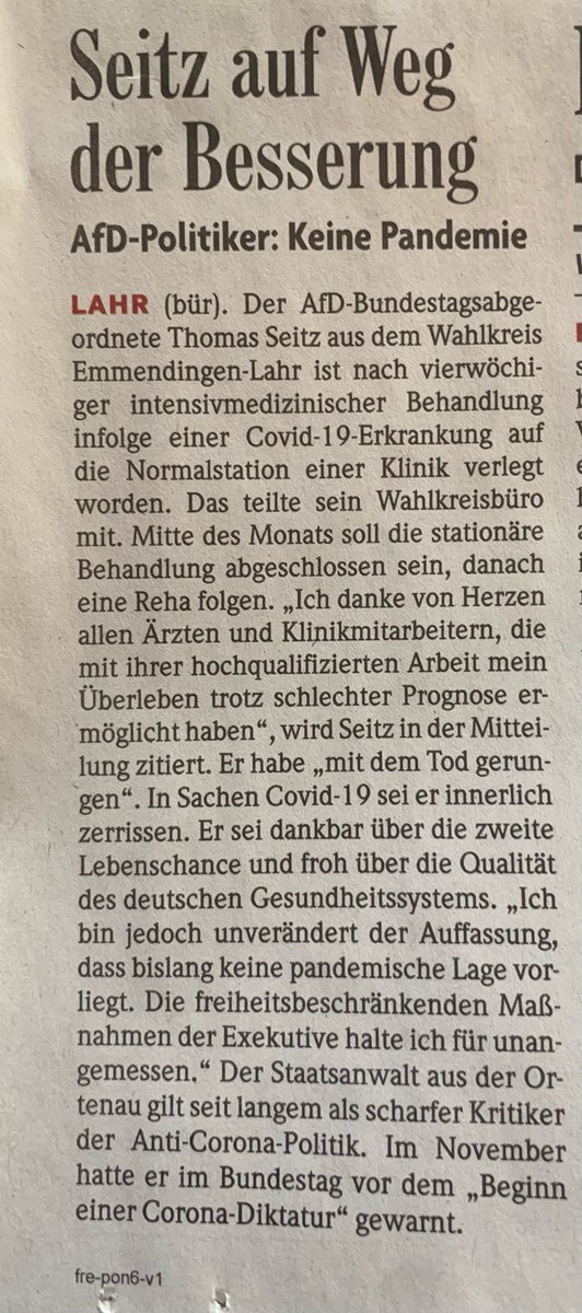 Karl_Lauterbach's tweet image. Unfassbar. Der @AfD Bundestagsabgeordnete Seitz hat schweres Covid knapp überlebt. In der Badischen Zeitung bestreitet er trotzdem die pandemische Lage. Mit solchen Äusserungen gefährdet er weiter das Leben anderer, die vielleicht weniger Glück haben als er.