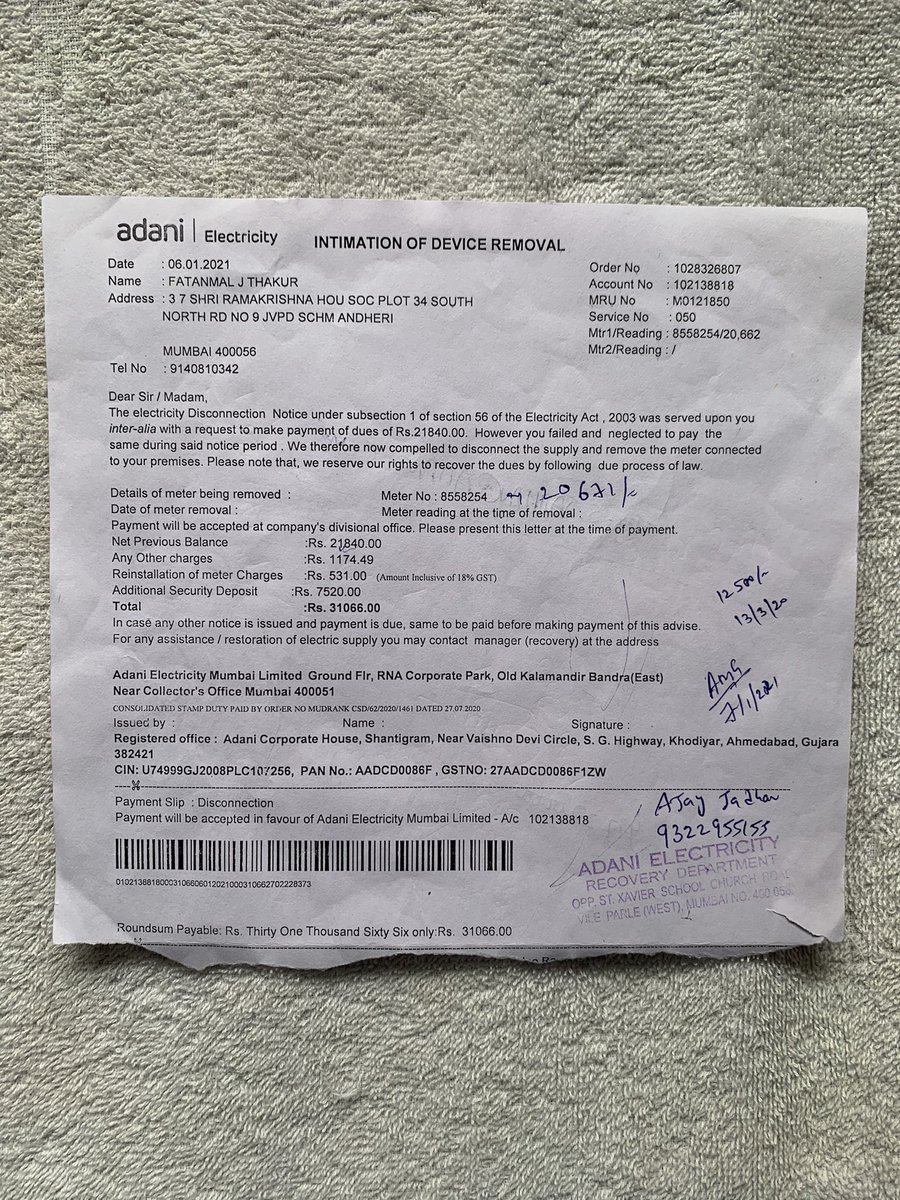 LAmesur's tweet photo. @Adani_Elec_Mum @republic @narendramodi @TimesNow @INCIndia @ANI @BJP4India @RahulGandhi Adani sending bills to vacant flats in Juhu along with disconnection notice. These are 2 samples. Please resolve this asap. Blank Meters also changed without informing the Owners. Is it fair? https://t.co/JxDARP2P3i