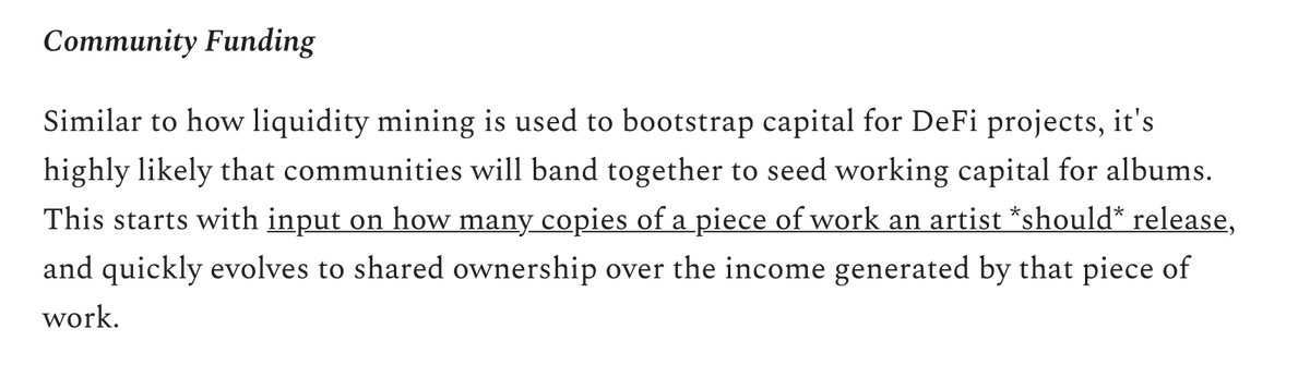 Scene funding, where scenes can pool funds together to create albums, labels, festivals, publications or infrastructure is an idea native to web3 concepts like DAOs. This allows scenes to be more ambitious than circulating the same $ from one individual to the other (at best)
