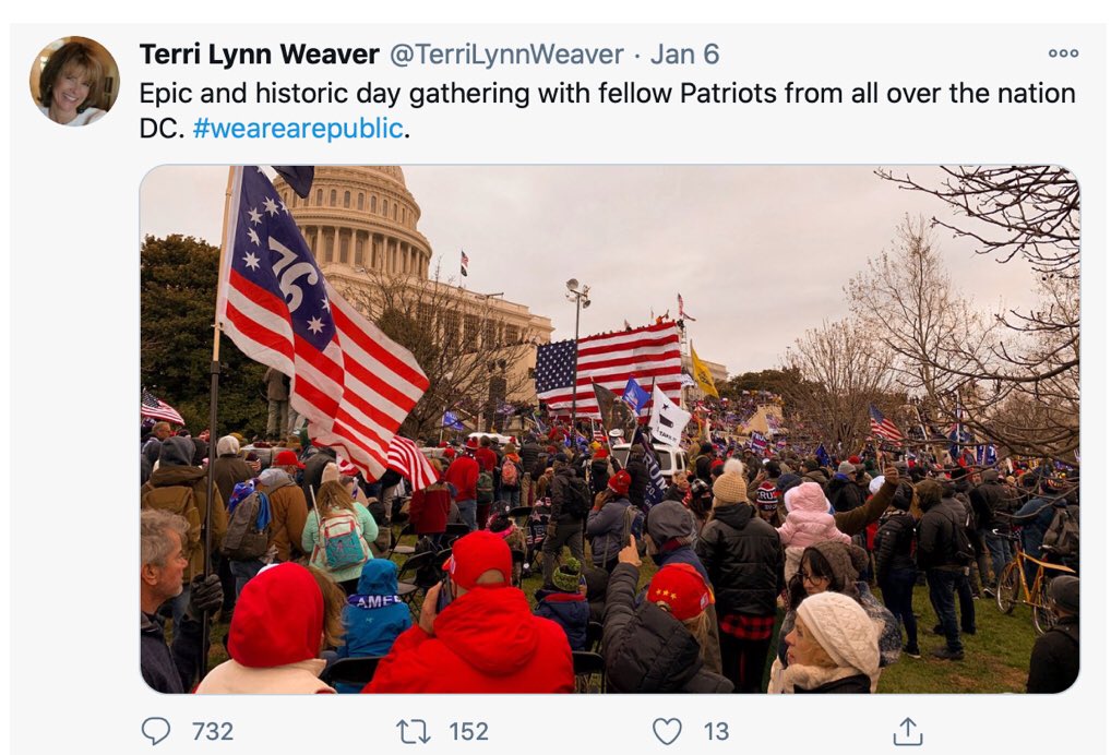 Tennessee Representative Terri Weaver posted on Facebook. Terri was joined by Senator Amanda Chase (VA), Delegate Derrick Evans (WV) & Representative Justin Hill (MO).They should be unseated.  https://tennesseelookout.com/2021/01/07/tennesseans-play-role-in-mob-scene-at-u-s-capitol/