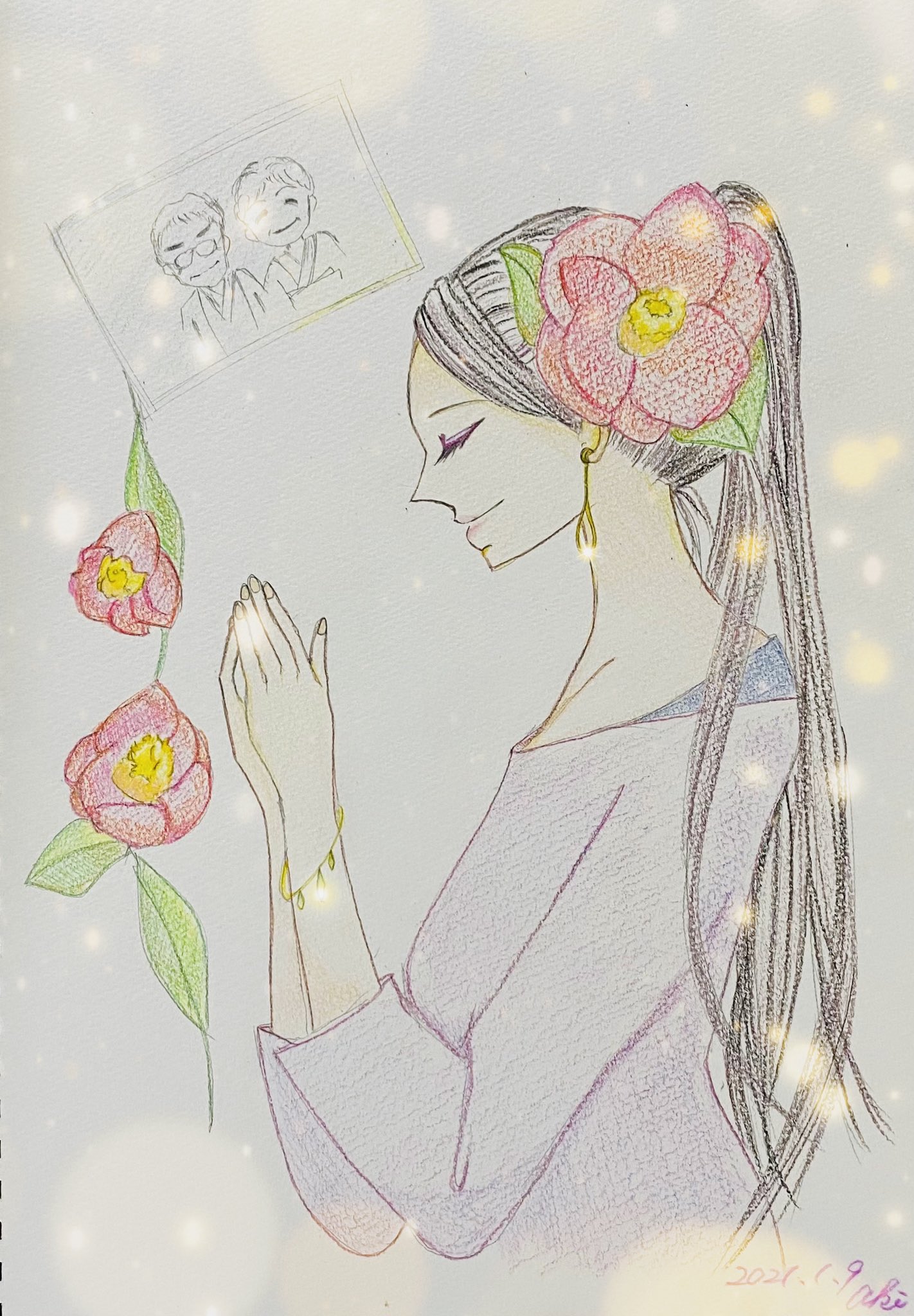 Aki Writer Illustrator いつも祖父母がそばに 尊敬する祖父母 カッコイイおじいちゃん 優しいおばあちゃん 大好きな祖父母 イラスト お絵描き 色鉛筆イラスト 手描きイラスト 色鉛筆 手描き スケッチブック二冊目おしまい 今日の一枚