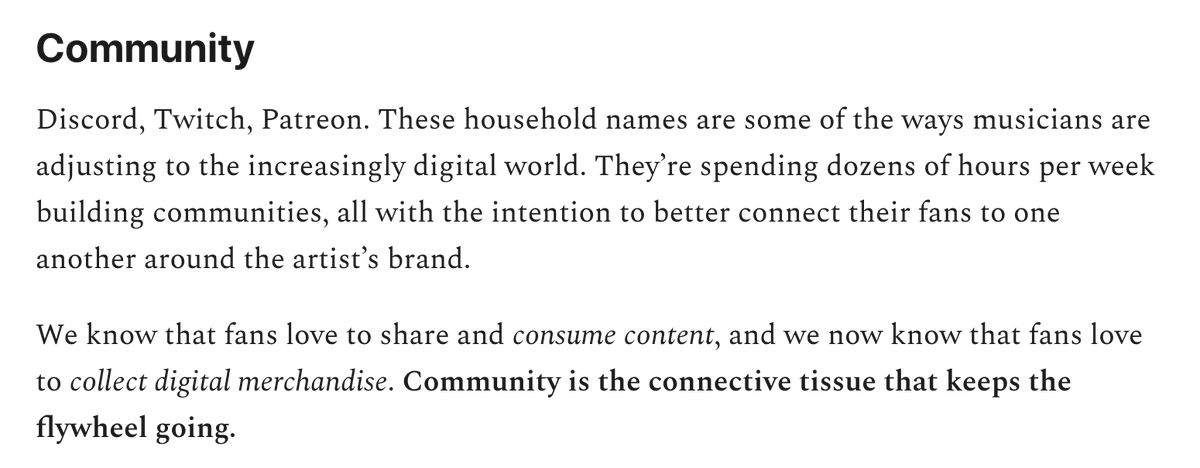 Evolving past one size fits all models, we will learn that for some streaming works, for some scarce editions work, for some the most natural model may be in interdependent community building, where paying for music files makes no sense but contributing to a scene is the value