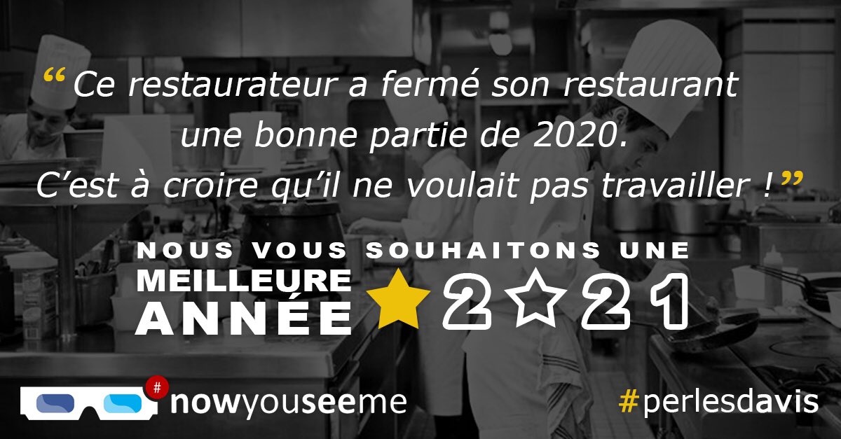 NowYouSeeMeTwit's tweet photo. nowyouseeme et les #perlesdavis vous souhaitent à tous non pas une bonne année, mais plutôt une meilleure année, en particulier aux restaurateurs, qui malgré la mise en place de mesures sanitaires strictes doivent encore rester fermés quelques temps.

—
#avisenligne #2021wishes https://t.co/tU7BviNACI