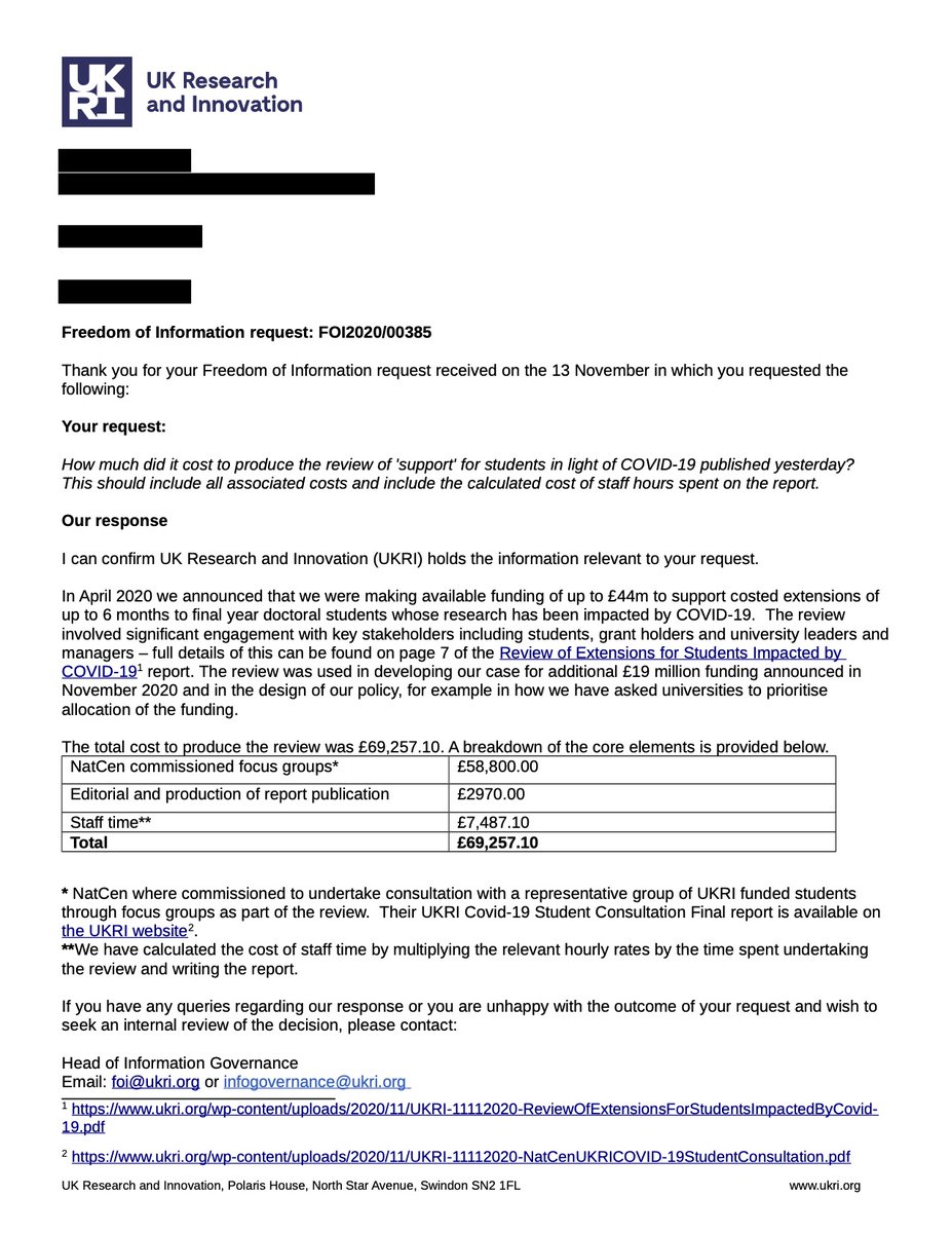 PandemicPGRs's tweet photo. Thanks to an FOI request by an anonymous PGR 👑 we now know how much it cost @UKRI_NEWS to produce their phase 1 policy ‘review’: 

£69,257.10 🤯🤯 https://t.co/69owj6qACX