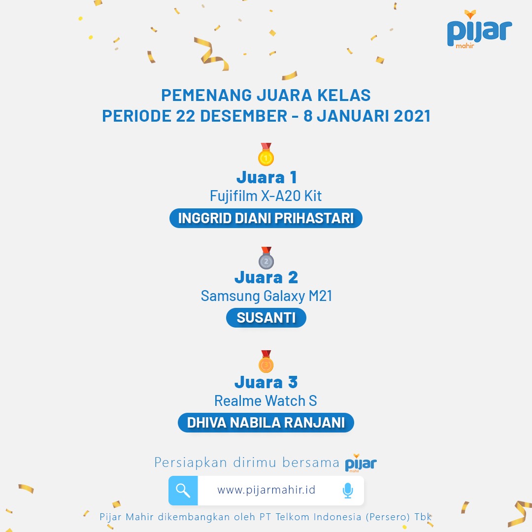 Pijarmahir's tweet photo. Selamat kepada 20 Sobat Mahir pemenang Juara Kelas. Panitia akan menyesuaikan data yang telah disubmit. Distribusi hadiah min. 7 hari setelah pengumuman.
#PijarMahir #MahirMeriahTahunBaru #JuaraKelas https://t.co/4WcMbZoxjM
