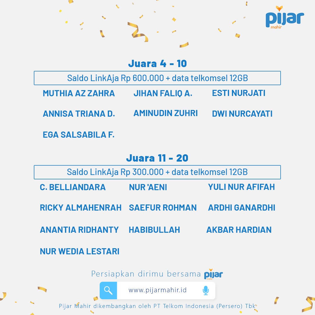 Pijarmahir's tweet photo. Selamat kepada 20 Sobat Mahir pemenang Juara Kelas. Panitia akan menyesuaikan data yang telah disubmit. Distribusi hadiah min. 7 hari setelah pengumuman.
#PijarMahir #MahirMeriahTahunBaru #JuaraKelas https://t.co/4WcMbZoxjM