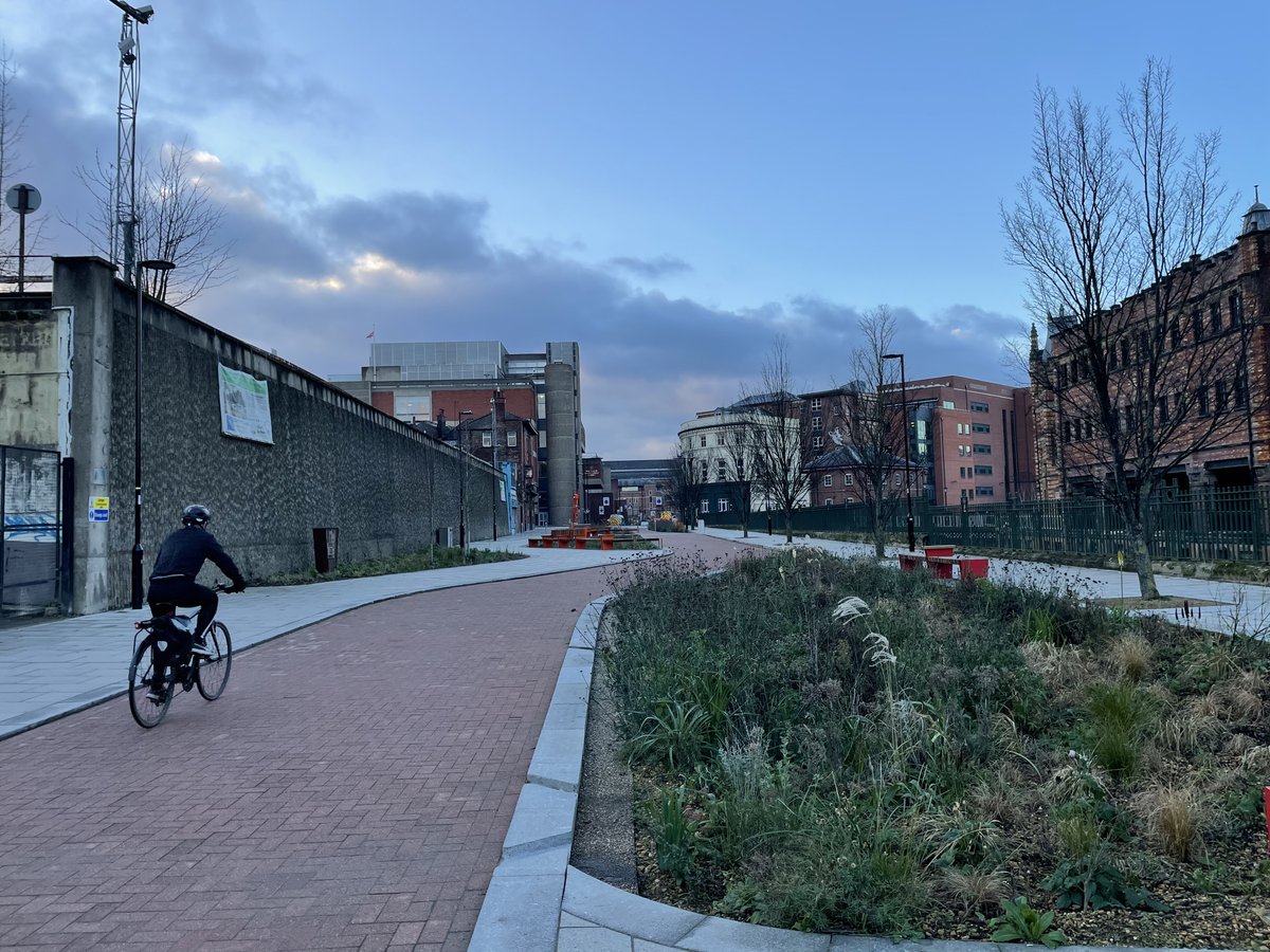 Before  AfterThe previous one-way system was shrunk to use 1/4 of the space, freeing up space for benches, wider footpaths, bike tracks and gardens to avoid flooding.Look around on Street view in 2018 and 2020 to see a huge difference  https://www.google.com/maps/@53.3851507,-1.461469,3a,75y,18.56h,90t/data=!3m7!1e1!3m5!1skJY-ebAt3yKKBpbP31jxHA!2e0!6s%2F%2Fgeo2.ggpht.com%2Fcbk%3Fpanoid%3DkJY-ebAt3yKKBpbP31jxHA%26output%3Dthumbnail%26cb_client%3Dmaps_sv.tactile.gps%26thumb%3D2%26w%3D203%26h%3D100%26yaw%3D11.321134%26pitch%3D0%26thumbfov%3D100!7i16384!8i8192