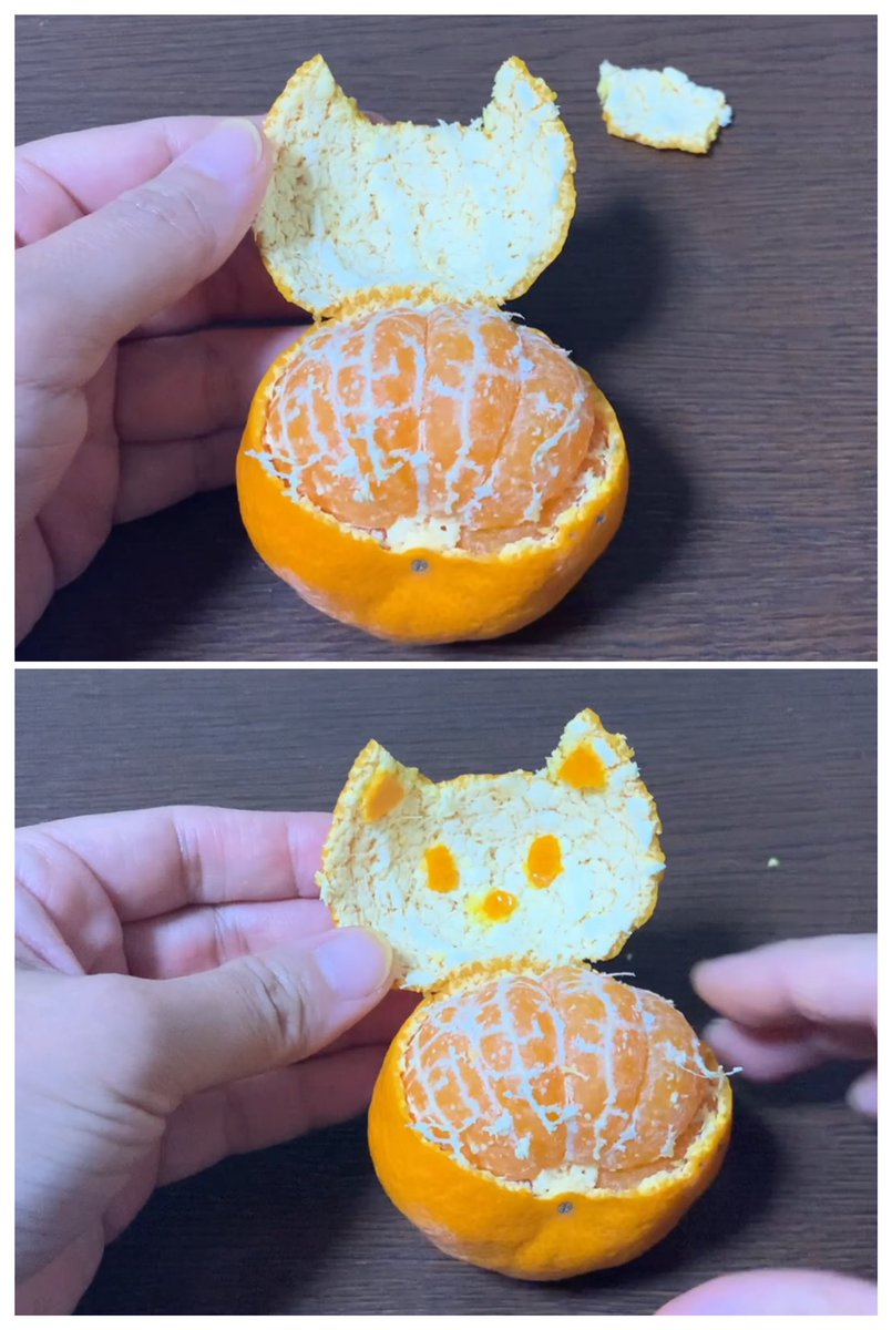 Inori 最近のみかんの食べ方です 食べ終わるとネコになります みかんの白い面と白い面はくっ付きます 筋をヒゲにしています 顔の片側から尻尾になるようにむくのがポイントです 動画は次に投稿します