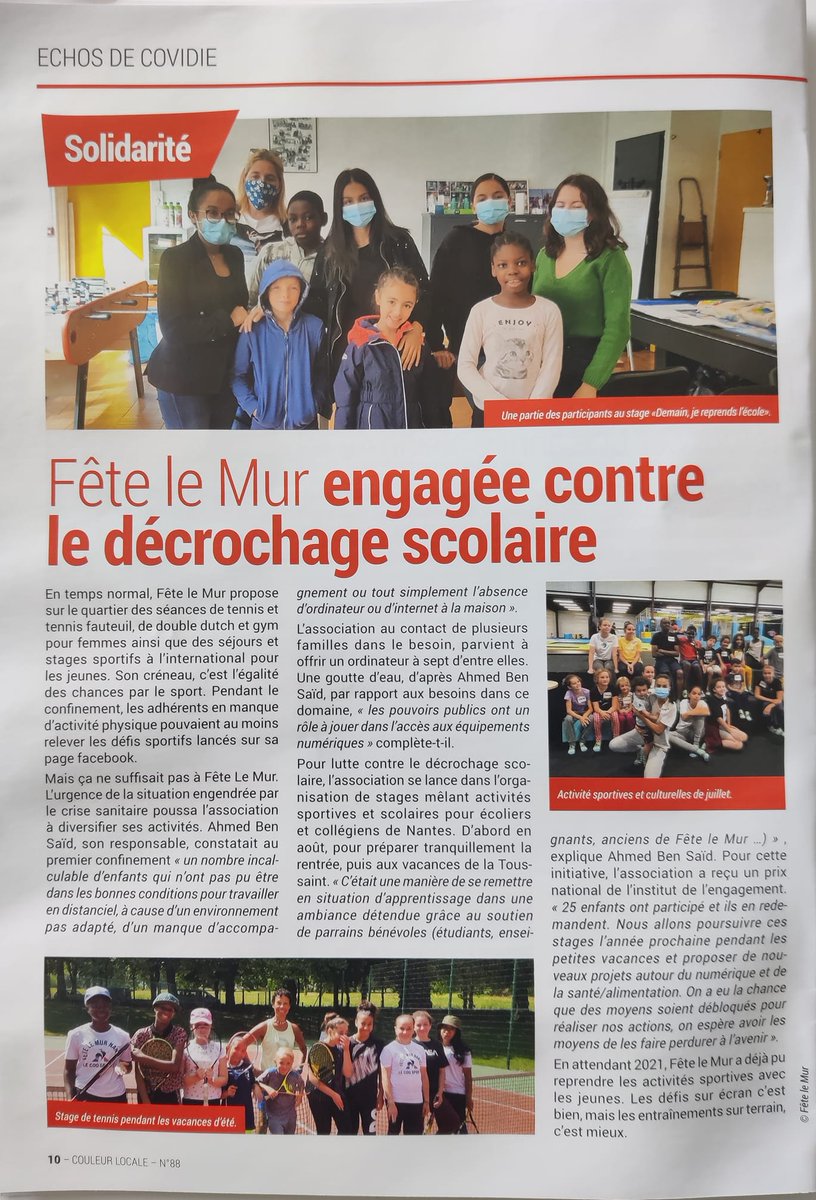 FeteleMur's tweet photo. Bravo à @FLMNantes, mis en avant dans le journal Couleur Locale, pour les actions quotidiennes auprès des jeunes 👏 ! https://t.co/cv9HaXPDvy