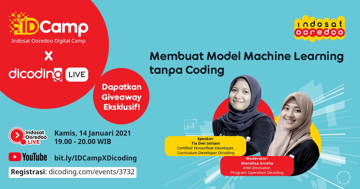 dicoding's tweet photo. #IDCampXDicodingLIVE seri ke-23 ini cocok buatmu yang ingin mulai belajar skill yang ramai dicari industri ini: Machine Learning:
β
Pengenalan
β
Tipe
β
Cara buat model Machine Learning tanpa coding
Yuk daftar
π
Kamis, 14 Jan pkl 19 - 20 WIB
https://t.co/rIXDZ0ZgVU
FREE https://t.co/E4tuUhLRLc