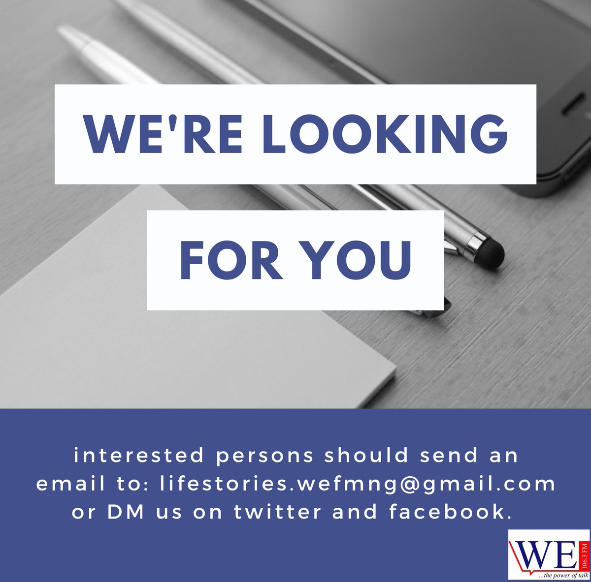 wefmng's tweet photo. WE FM 106.3 Abuja is looking for interns. 

Requirement :

- Must have media qualifications.

-Must be sociable, and internet savvy.

-Must be willing to work late hours.
 
- Must be proactive.

- Must be willing to work 5 days a week. https://t.co/7wR0lo9W7V