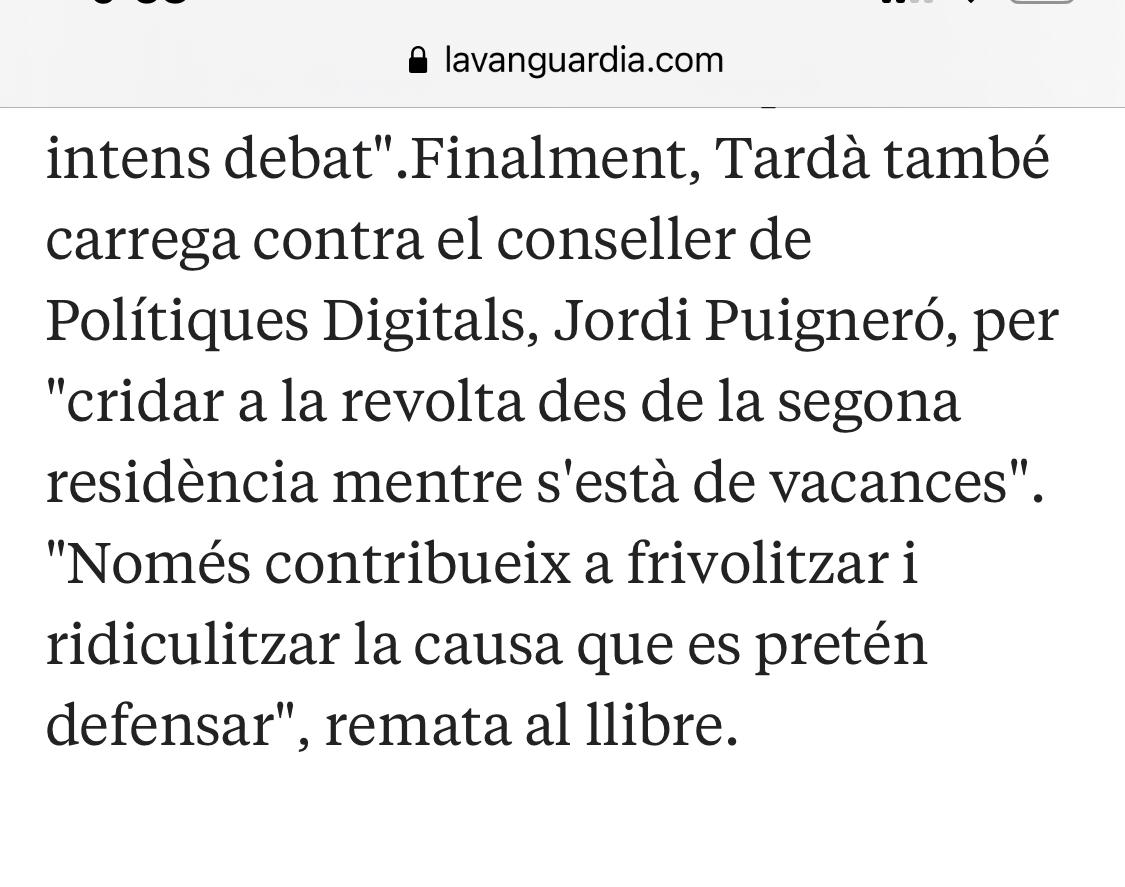 Benvolgut @joantarda, quan s'escriu un llibre cal el màxim rigor d documentació: jo no tinc, ni he tingut mai 2a residència. I a plantar cara a l’Estat espanyol ho he fet al carrer, a les institucions i també des dels càmpings del Pallars on estiuejo cada any. Lliçons les justes.