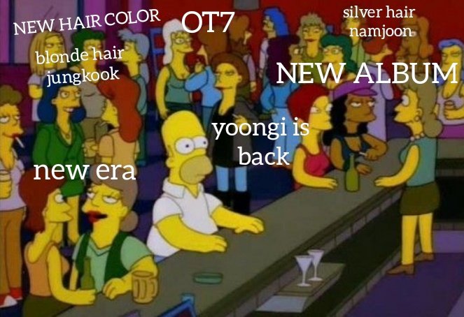 seokjinmylabsss's tweet photo. no one:

literally no one:

my tl rn: "blonde jungkook" "new album" "namjoon silver hair" "new songs" "yoongi is back" https://t.co/iiWdxfWzLv