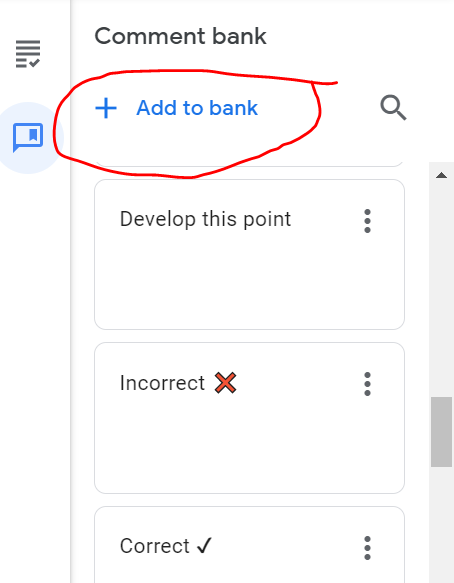 If marking assessments where you might use the same feedback over and over then add to the comments bank. use # to bring up your comment bank