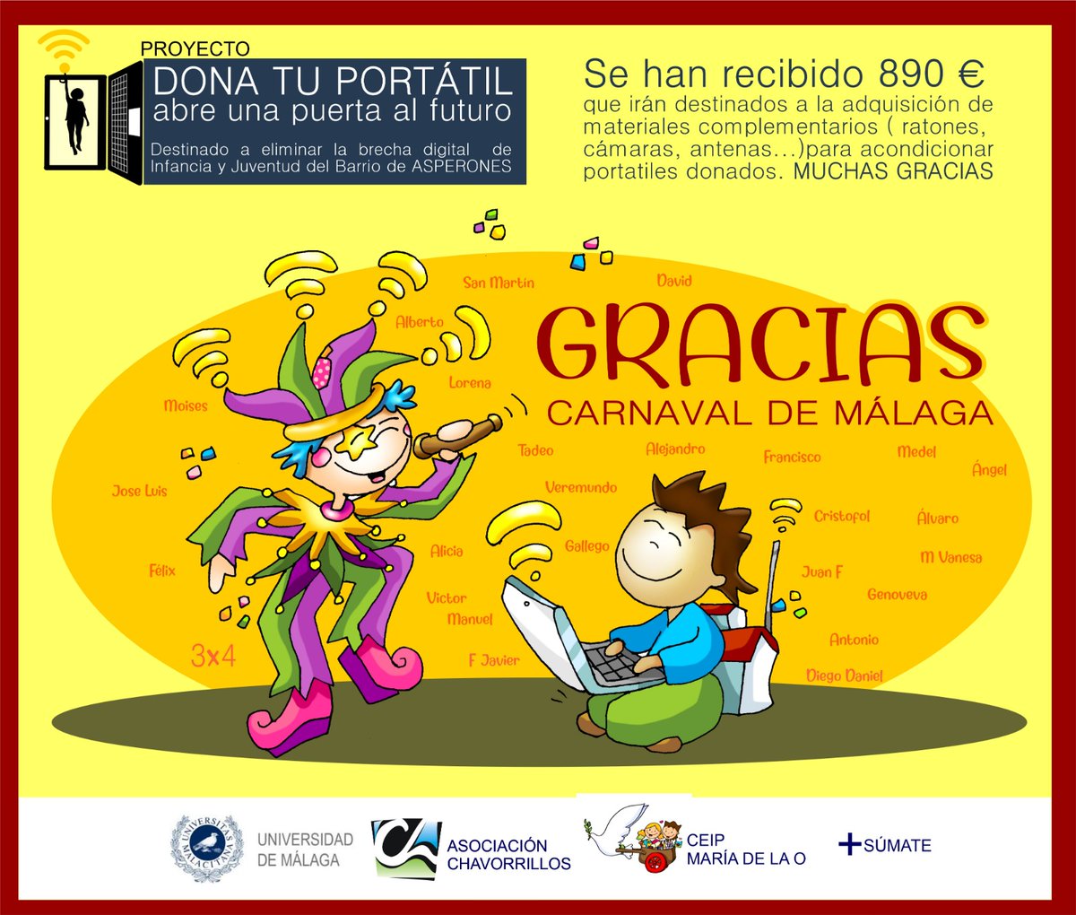 Muchas gracias al Carnaval de Malaga por sumaros a la campaña dona tu portátil #abreunapuertaalfuturo y ayudarnos a paliar la brecha digital de la infancia y juventud de Asperones <a href="/autorescarnaval/">Autores del Carnaval de Málaga</a>  #GalaSolidariaAcam #CoplaSolidariaAcam