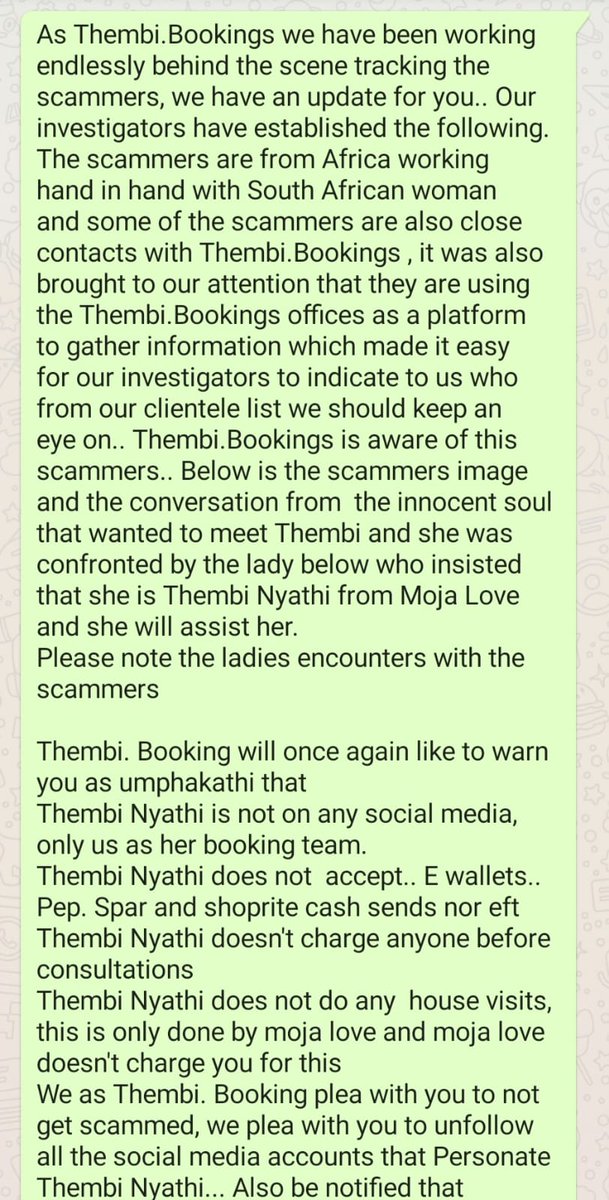 BookingsThembi's tweet photo. Please unfollow this @Thembithemedium note all of are been tracked and are targeted to be scammed for more information contact the following numbers 072 945 0993 and 0636073531
#NoPayments before consultations
#NoEFT
#NoCash send
Working hours Monday - Friday
9:00am - 16:00pm https://t.co/FOV8NeCSlw