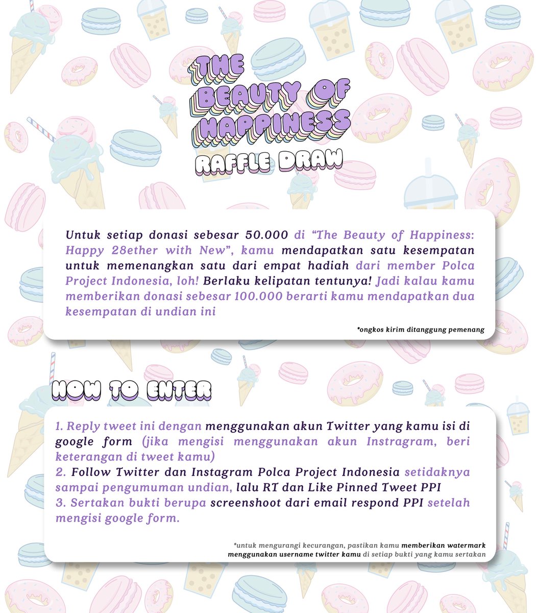 polcaprojectidn's tweet photo. Hai Polca! ๐๐
Yuk buruan join project The Beauty of Happiness! Ada yg spesial buat yg berdonasi di periode tanggal 21/12/20 s/d 19/01/21: Raffle Draw untuk 4 hadiah spesial!! ๐ฅณ
Cek poster di bawah ini untuk keterangan lebih lanjut! โบ๏ธ
#Newwiee
#PolcaprojectIDN https://t.co/jWNh8zyl0O