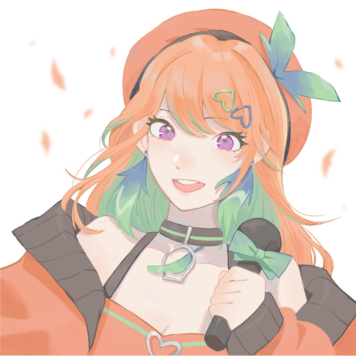 takanashi kiara 1girl solo hat microphone holding purple eyes orange hair  illustration images
