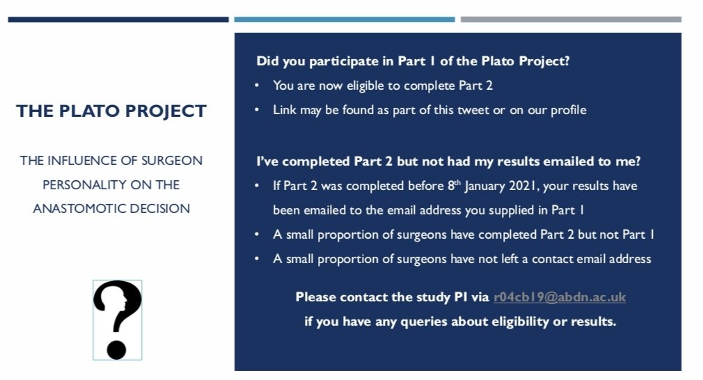💠 PART 2 FAQS 💠

FAO colorectal surgeons!
If you completed Part 1, it's now time to complete Part 2 ⬇️
viis.abdn.ac.uk/snapwebhost/s.…

Not received your results &amp; completed both parts before 8/1/21?

See below &amp; get in touch:
<a href="/ACPGBI/">@ACPGBI</a> <a href="/Scotland_ACPGBI/">Scotland_ACPGBI</a> #colorectalresearch #SoMe4Surgery