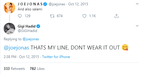 Joe and Gigi interacting on Twitter.