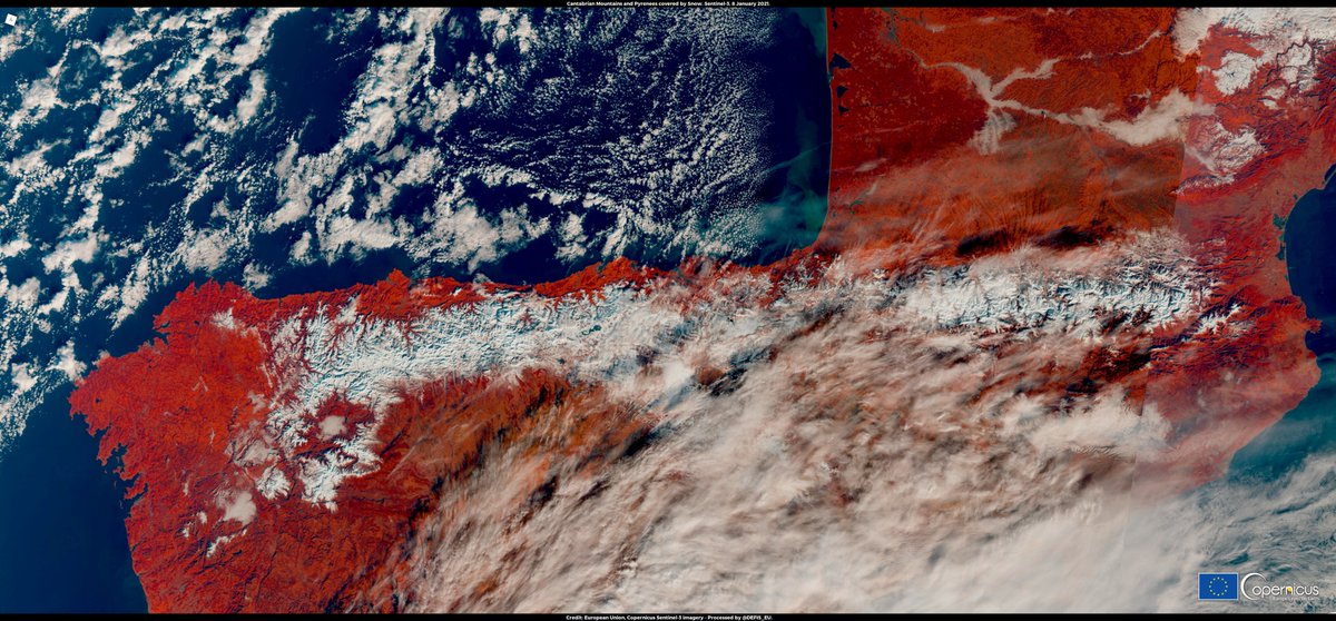 Snow over the Cantabria mountain range 🇪🇸

#Sentinel3🇪🇺🛰️ image acquired yesterday

#DYK we have a new #CLMS Snow &amp; Ice product?

Check it out at land.copernicus.eu/pan-european/b…