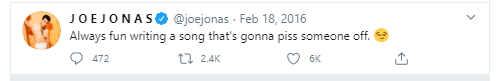 November 2015: Joe and Gigi (GiJoe) broke up (1st picture). 2nd picture: Joe’s tweet about a song he wrote. 