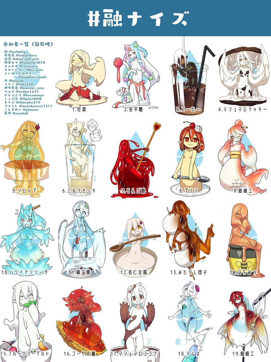 meltyhip's tweet photo. 【#融ナイズ】
「融っぽいスライム娘」+「甘い素材」というお題でキャラデザしてもらいました！
作画は全部私です！この中に1人だけいる「本当に融がデザインしたスライム娘」はどの子でしょうか？
ツリーのアンケート&amp;添付の解答シートで解答してみてください〜！！大きい画像もツリーから！ https://t.co/0ImcTaqKYp