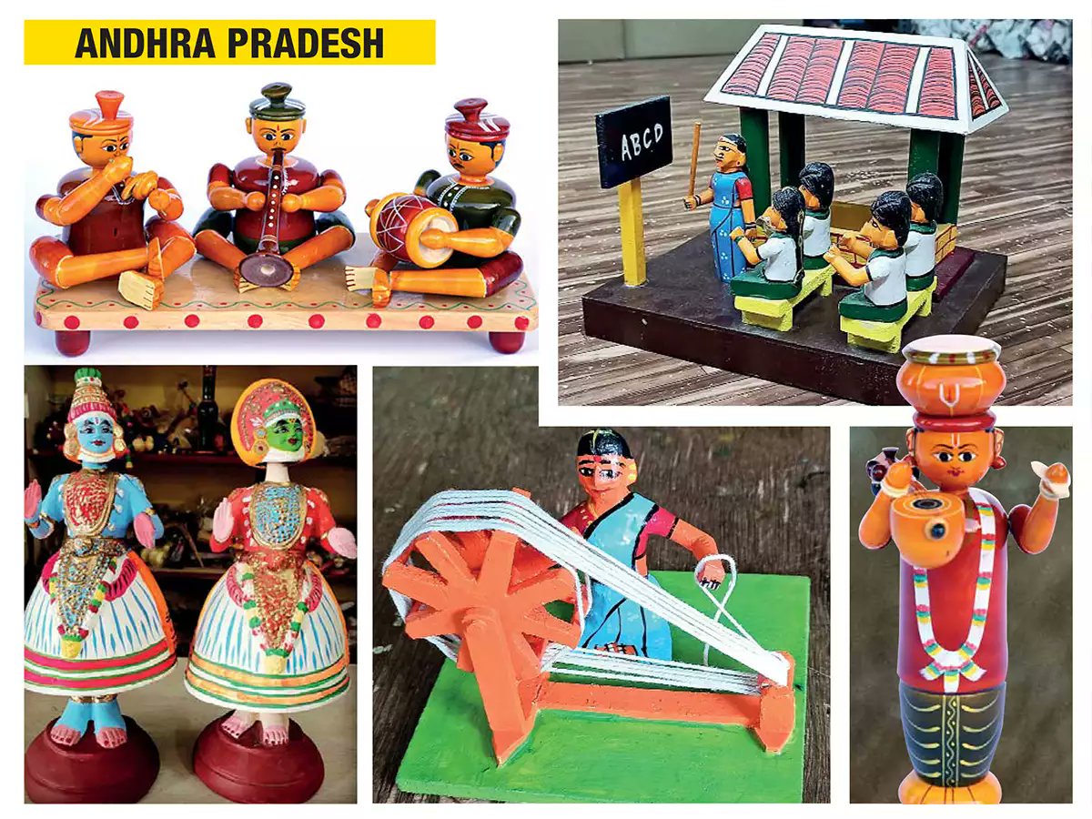 16)Etikoppaka bommaluFrom Andhra Pradesh,Traditional shapes of toys include a farmer with nagali, a bridal set, veena, sannai melam, wedding sweets . While traditionally, these toys were once handmade, the artisans use machinery now.