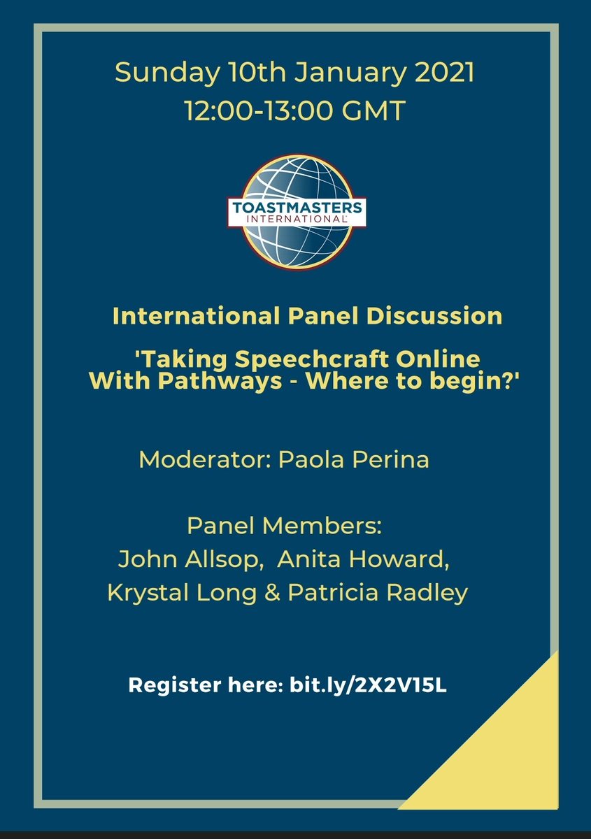 Would you like to learn more about our Speechcraft programme by Toastmaster International? Come and join our panel discussion tomorrow Sunday 12th January at noon. Please register here:  
bit.ly/2X2V15L
#publicspeaking #toastmasters @KrystalTraining
<a href="/CorkToast/">CorkToastmastersClub</a>
<a href="/kinsale_s/">Kinsale Toastmaster's Club</a>