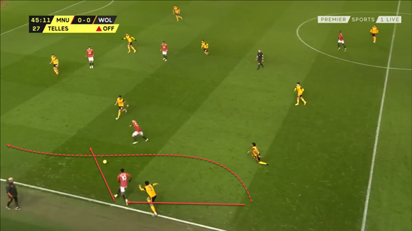 Shaw averages 5.41 progressive passes per 90 in the PL and often looks to play to inside passes to players operating between the lines or in the half-spaces. He's also a powerful runner and can progress the ball this way too. Examples of both methods of progression are below.