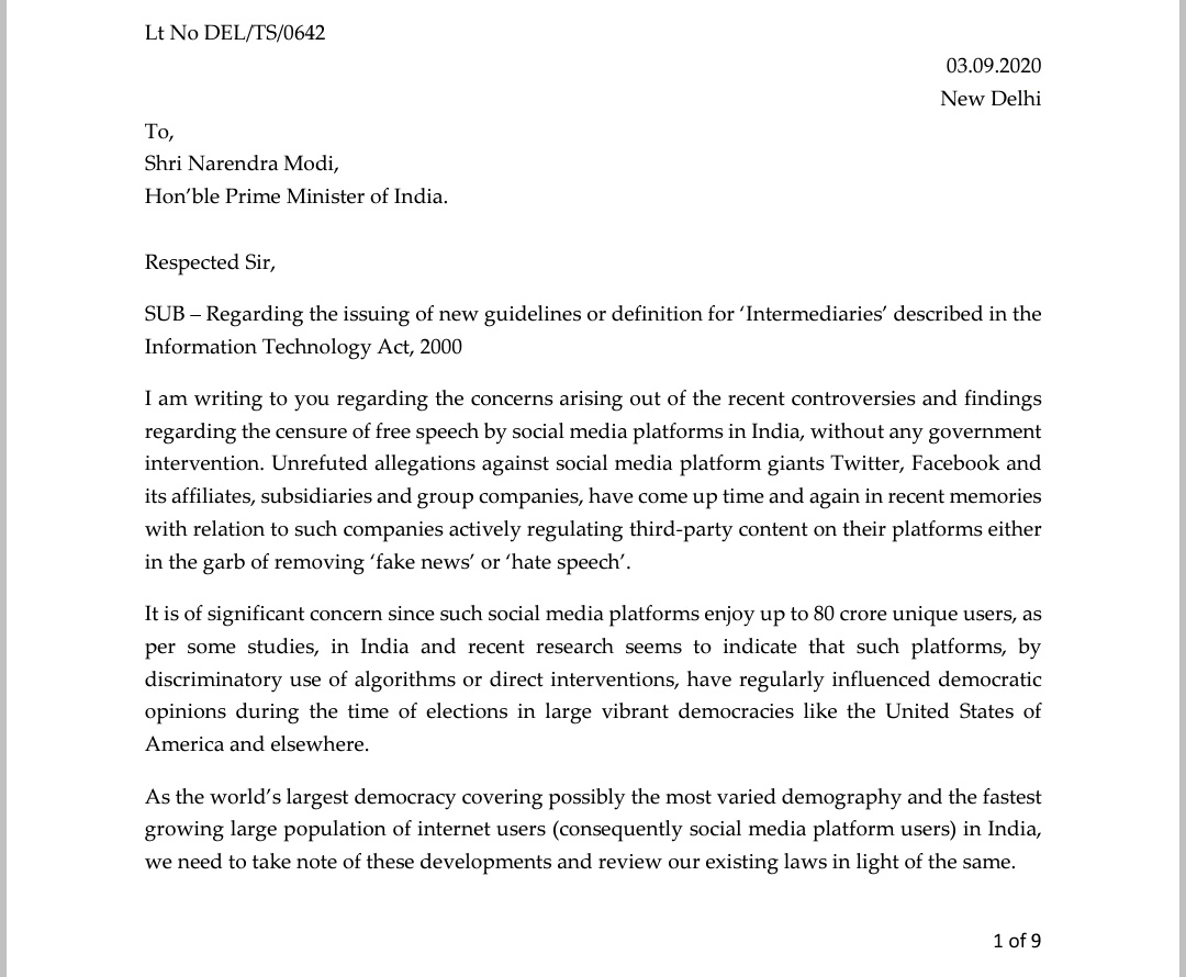 Tejasvi_Surya's tweet image. I had earlier written to govt to review the IT Intermediary Guidelines Rules on account of them being violative of #FoE guaranteed under the Constitution. 

The guidelines allow intermediaries to exercise wide powers that are beyond constitutional limits.

#RegulateBigTech

1/5