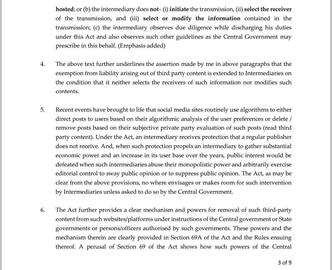 Tejasvi_Surya's tweet image. I had earlier written to govt to review the IT Intermediary Guidelines Rules on account of them being violative of #FoE guaranteed under the Constitution. 

The guidelines allow intermediaries to exercise wide powers that are beyond constitutional limits.

#RegulateBigTech

1/5