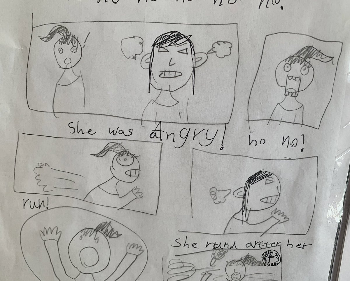 娘6歳が、英語で漫画を執筆中。主人公ソフィちゃんが部屋を片付けてなくて、ママが激怒し、逃げ出すストーリー。#ロンドン育児日記 