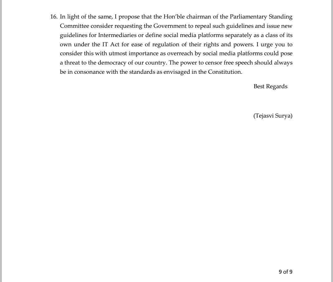 Tejasvi_Surya's tweet image. Recently, the actions of social media giants have paved the way for introspection and consequential amendments in India’s tech laws. Actions of Intermediaries must be condemned and any law that provides such wide powers must be reviewed.

#RegulateBigTech

3/5