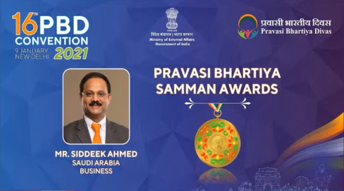 IndianEmbRiyadh's tweet photo. Embassy of India Riyadh congratulates Pravasi Bharatiya Samman Awardee 2021 from Saudi Arabia Dr. Siddeek Ahmed, Chairman and MD, Eram Group for his contribution in the field of business https://t.co/M9vVQ0u7OY