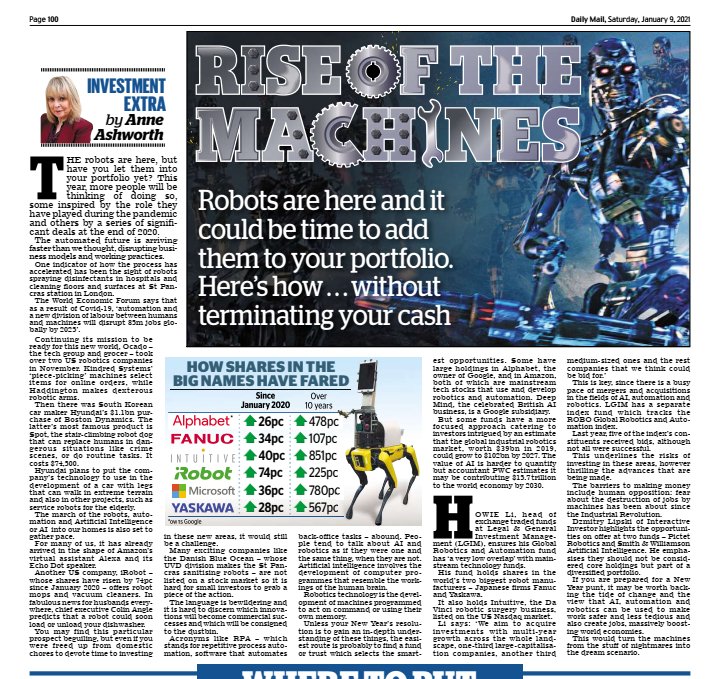 AnneAshworth's tweet photo. The machines are here - and the pandemic will only increase their power. Which is a good enough reason to invest in these areas.
This week's @DailyMailUK
Investment Extra
#robotics #AI #machines #automation #robotcleaners #investing https://t.co/tceahBxOdM