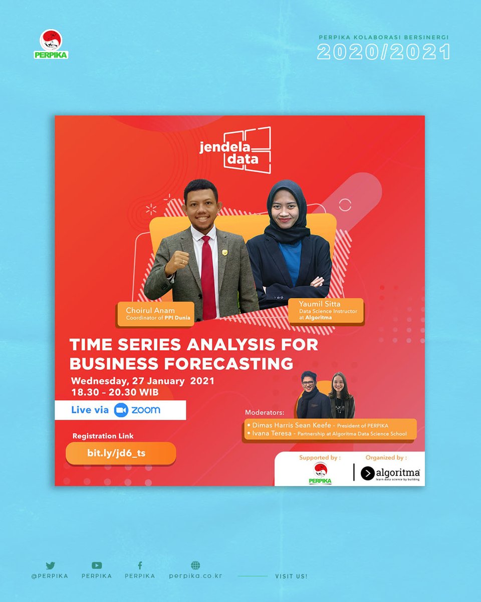 Perpika's tweet image. Sobat Perpika yang tertarik untuk berwirausaha! Jangan sampai kelewatan Perpika Jendela Data kali ini yuk! topiknya menarik dan pastinya bermanfaat loh☺

Topik: Time Series Analysis for Business Forecasting
🔗 bit.ly/jd6_ts
🗓 27 Januari 2021 
⏰18.30 s/d 20.30 WIB