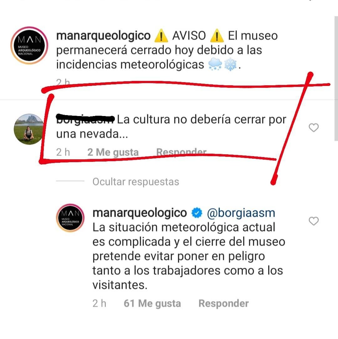 ArtemisNymph's tweet photo. "La cultura no debería cerrar por una nevada"
Claro que sí, vamos a abrir el museo y poner en riesgo a los trabajadores que tienen que trasladarse con una nevada enorme para que Este Señor™ pueda "disfrutar de la cultura", cuando ni él saldrá de casa.A algunos os faltan neuronas https://t.co/esDCwJCcNt