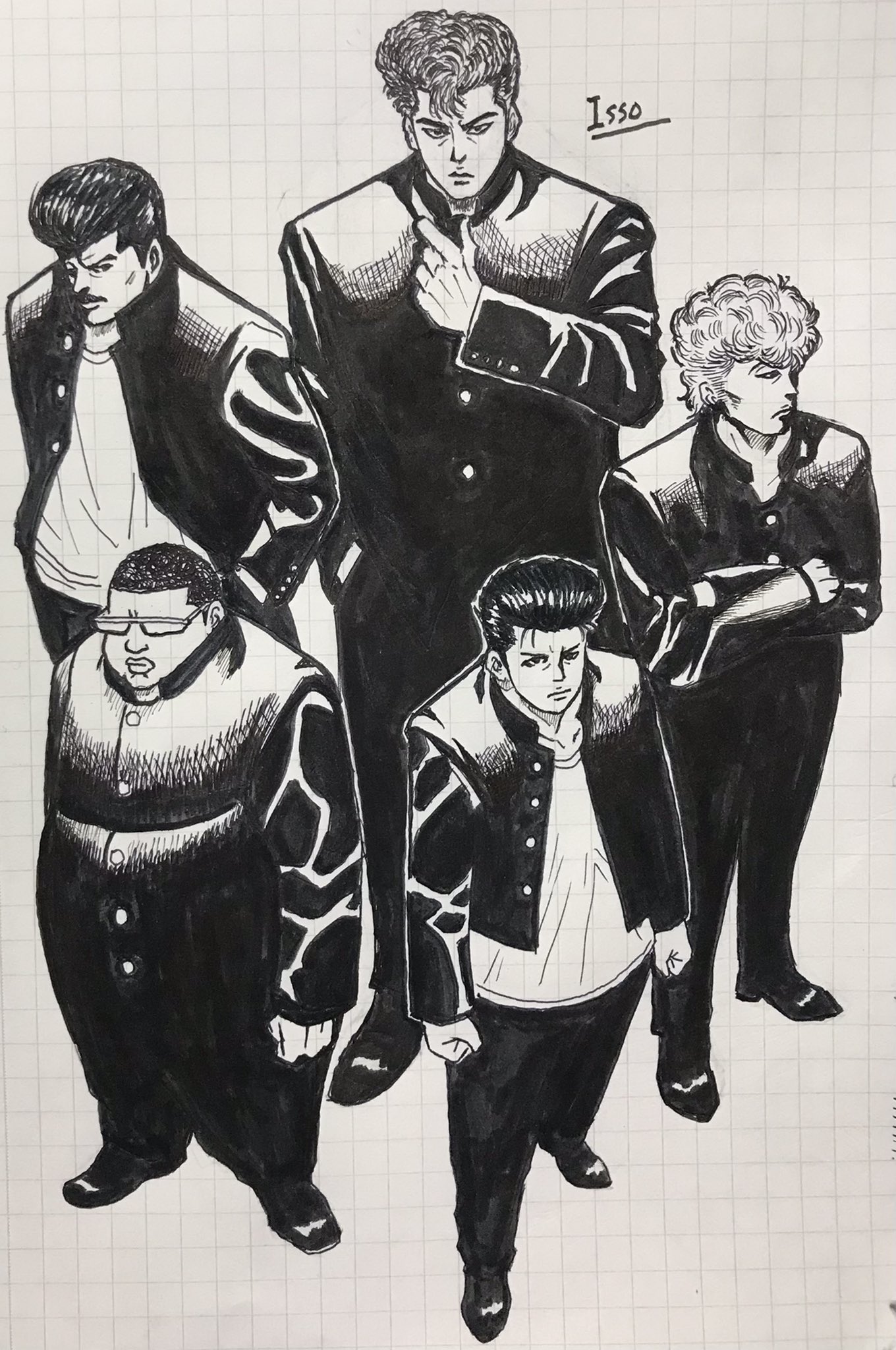 いっそ リクエスト スラムダンク桜木軍団 1枚目はまんま撮ったやつ 2枚目は黒を濃く加工 3枚目は原作 花道は学ランバージョンにしました うまく描けて満足 アニメまた最初から見よ 桜木軍団 漫画 アニメ イラスト 絵 バスケがしたいです 嘘です