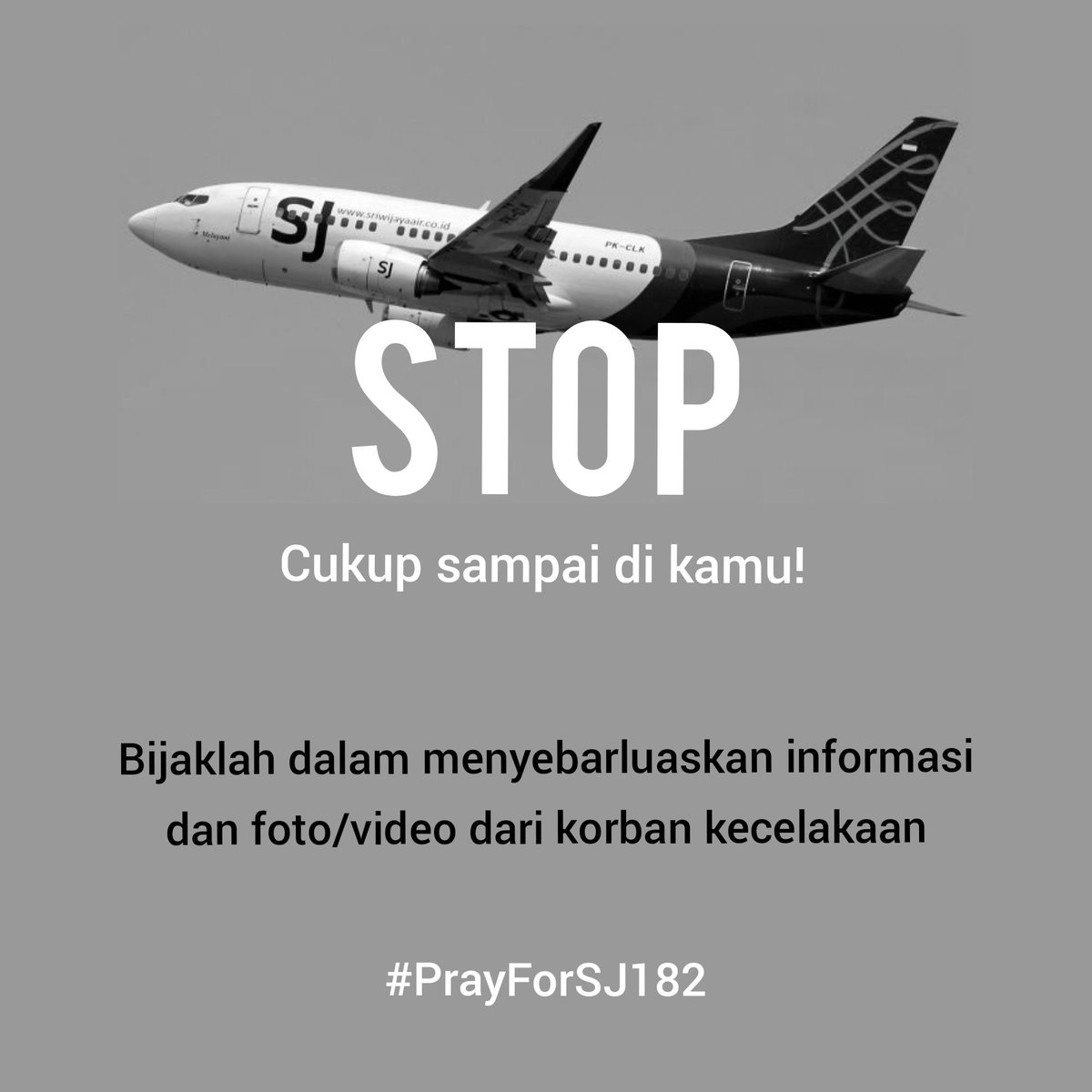 zeuszkim's tweet image. Sekadar mengingatkan

Kalau dapet atau lihat foto dan video korban dari pesawat Sriwijaya Air #SJ182, cukup berhenti di kamu ya. Gak perlu dipost ataupun diretweet.

Yuk kita empati dan doa bareng untuk korban #SJ182 ini