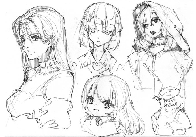 本日のA4ラクガキ
この日は絵柄を変えて遊んでました。あまり頭を使ってないので衣装がかなり適当ですね。フードは衣装が思いつかなくなったときによく描いている気がします。あとはまつ毛のデフォルメをどうしようかとか悩んでました。一番左の人物は髪に悩んで無用な線数が多くなってると思います。 