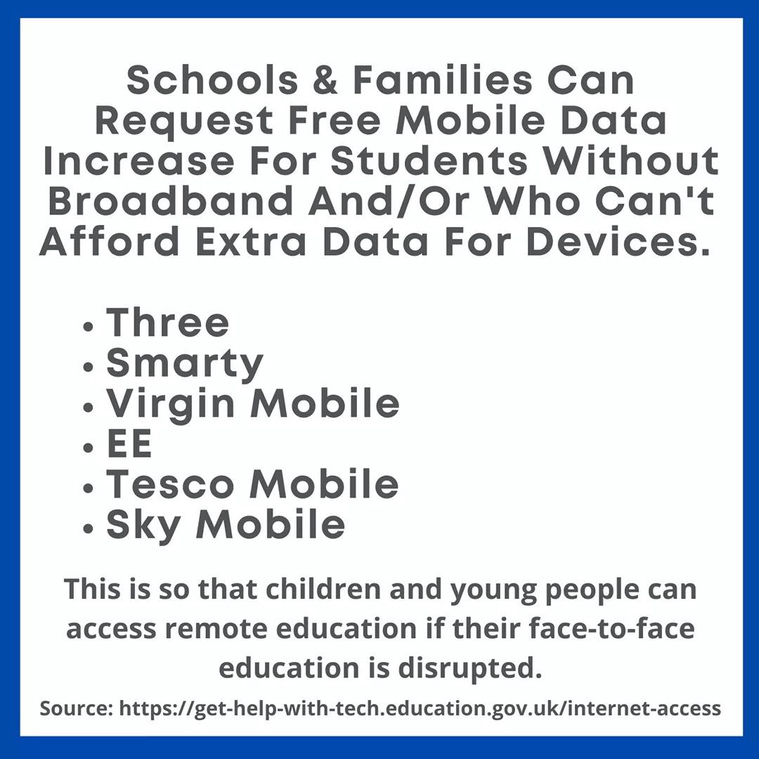 misshobanEYFS's tweet photo. If your family doesn’t have access to WiFi or mobile data during home learning check out these companies that are helping out! #kindness #StayHome https://t.co/wGPGBmJH0s