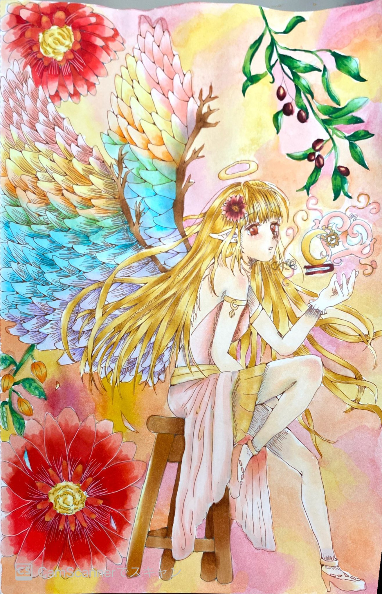 絵を描くいちご 天使完成しました ˊˋ 天使の他に花言葉が 神秘 の赤いガーベラ オリーブは 平和 この2つも強調させました アルコールマーカーと水彩で塗りました W イラスト みんなで楽しむtwitter展覧会 絵描きさんと繋がりたい