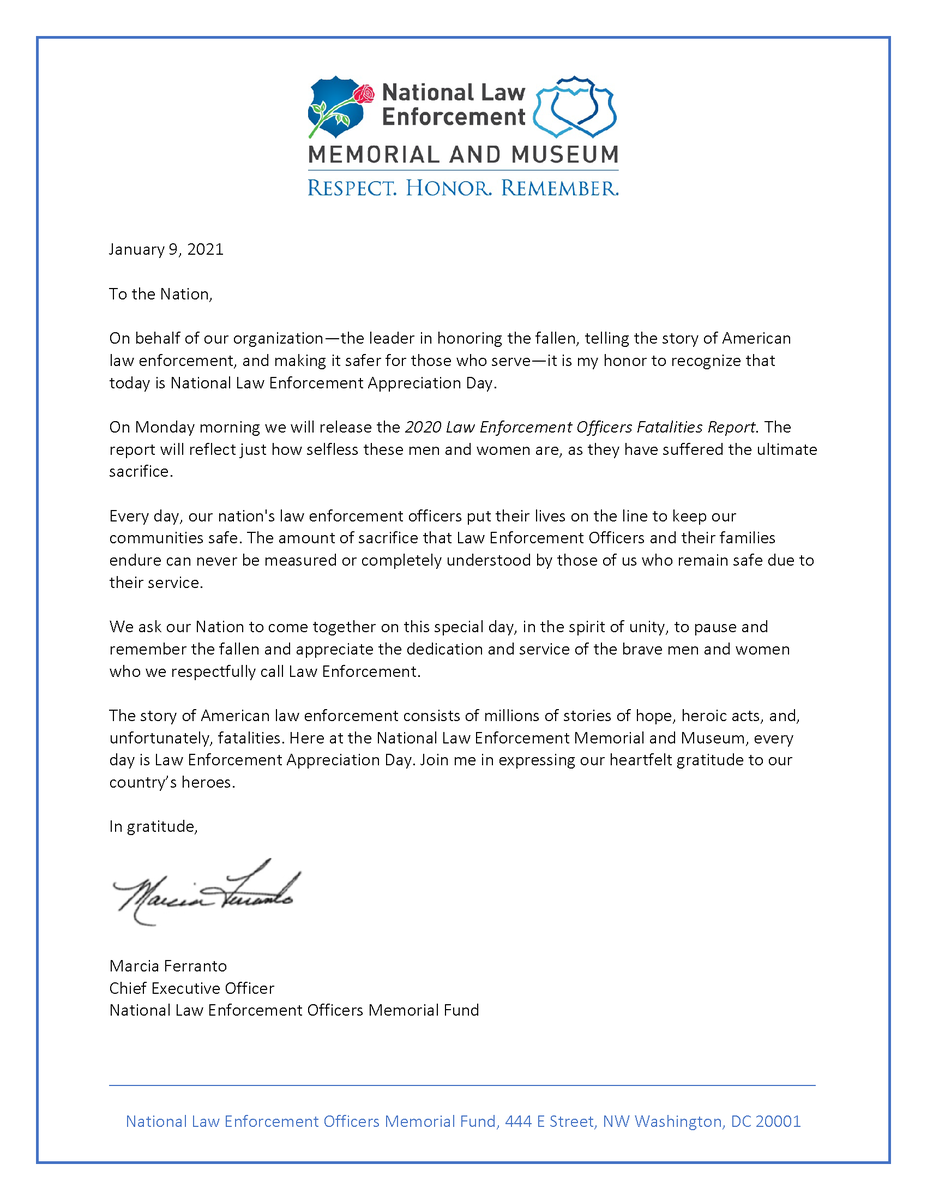 NLEOMF's tweet photo. STATEMENT FROM MARCIA FERRANTO, CEO OF NLEOMF:

On behalf of our organization—the leader in honoring the fallen, telling the story of American law enforcement, and making it safer for those who serve—it is my honor to recognize that today is #LawEnforcementAppreciationDay. https://t.co/vWSVwaYsI6