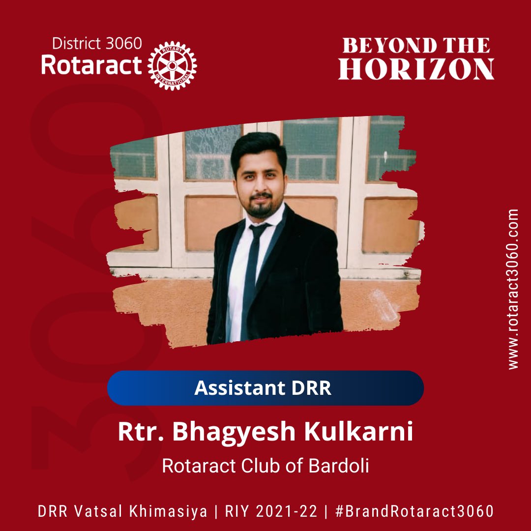 Rotaract3060's tweet photo. We’re presenting,
Rtr. Bhagyesh Kulkarni from Rotaract Club of Bardoli as
𝐀𝐬𝐬𝐢𝐬𝐭𝐚𝐧𝐭 𝐃𝐑𝐑 𝟐𝐎𝟐𝟏-𝟐𝟐
#Rotary3060 #Rotaract3060 #PeopleOfAction #RotaryInternational #brandrotaract3060 #SATURDAY #Rotaractor #RotaractIndia #rotaractdistrict #BeyondTheHorizon #ADRR https://t.co/0KOeY8yfSL