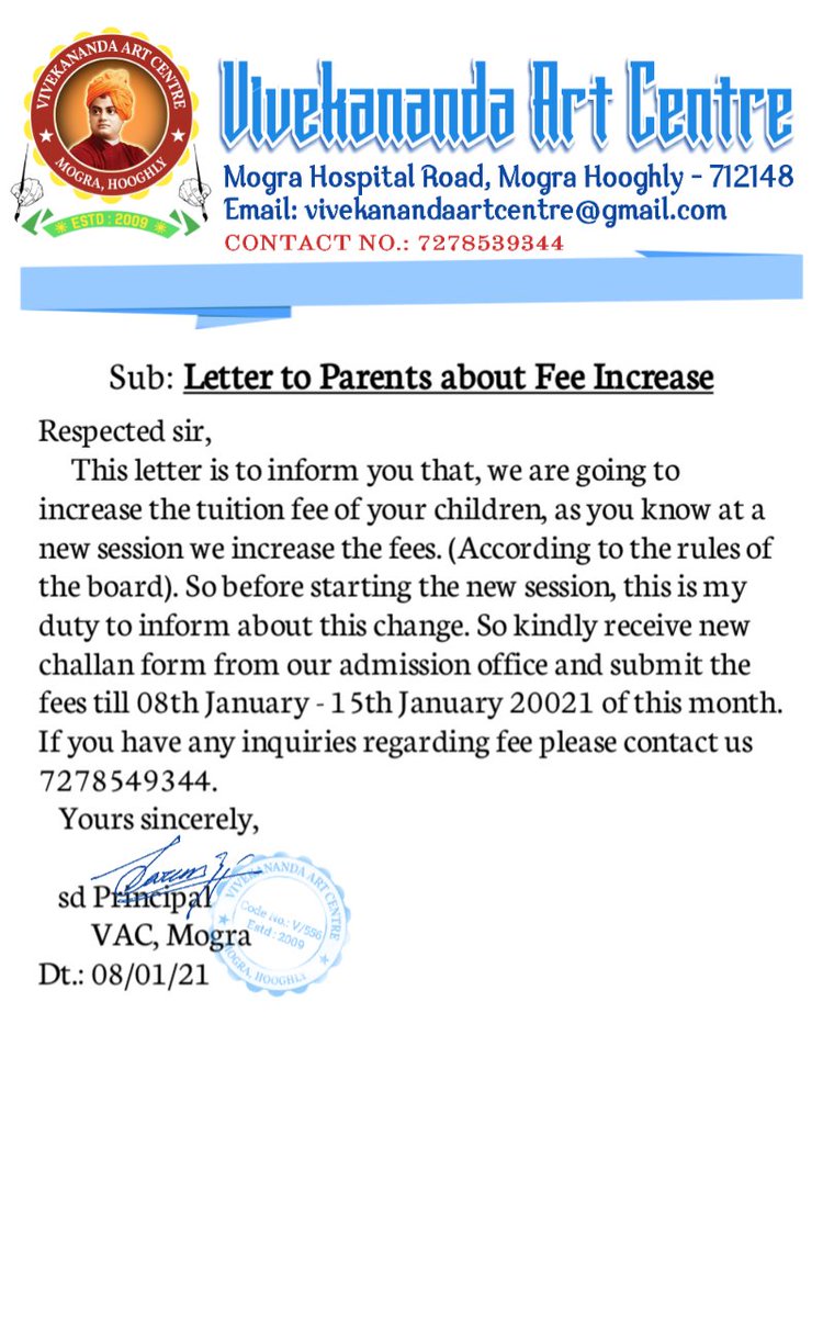 vacmagra's tweet photo. Letter to Parents about Fee Increase
Sd by BARUN ADHIKARY
 Principal
  VAC,Mogra. https://t.co/l5SSxvAmZE