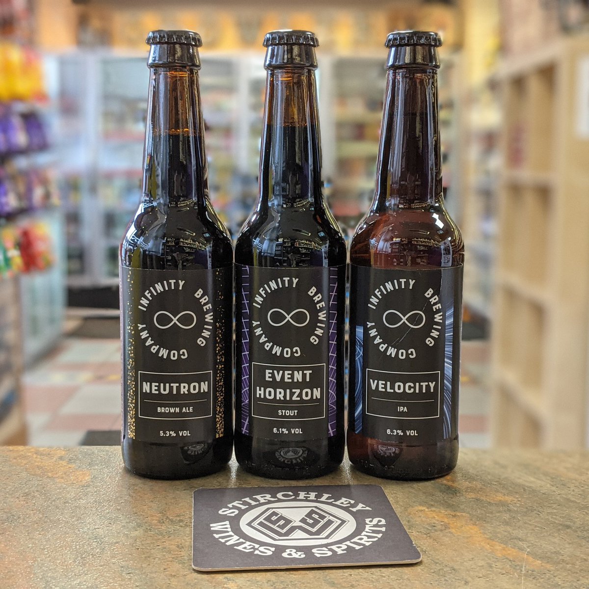 Coming soon to our shelves...
from Kings Heath based @infinitybrewco.

🍺 Neutron 593% Brown Ale 
🍺 Event Horizon 6.1% Stout 
🍺 Velocity 6.3% IPA 

#NewBeer #VivaStirchley #B14 #VivaBrum #ShopLocal