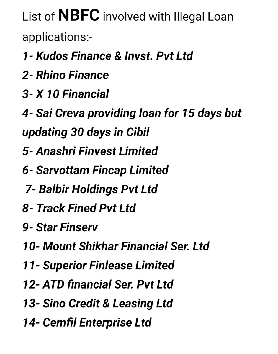 RahulK25822303's tweet photo. I req @RBI to cancel reg of below NBFC who are also a part of illegal loan apps and distributing loan for 7 days 
@Pravinkks @BanegaAb @JAIJANSHAKTI @VISHALT12039545 @naik_ashish @cyberabadpolice https://t.co/F2OsfLC5Bp