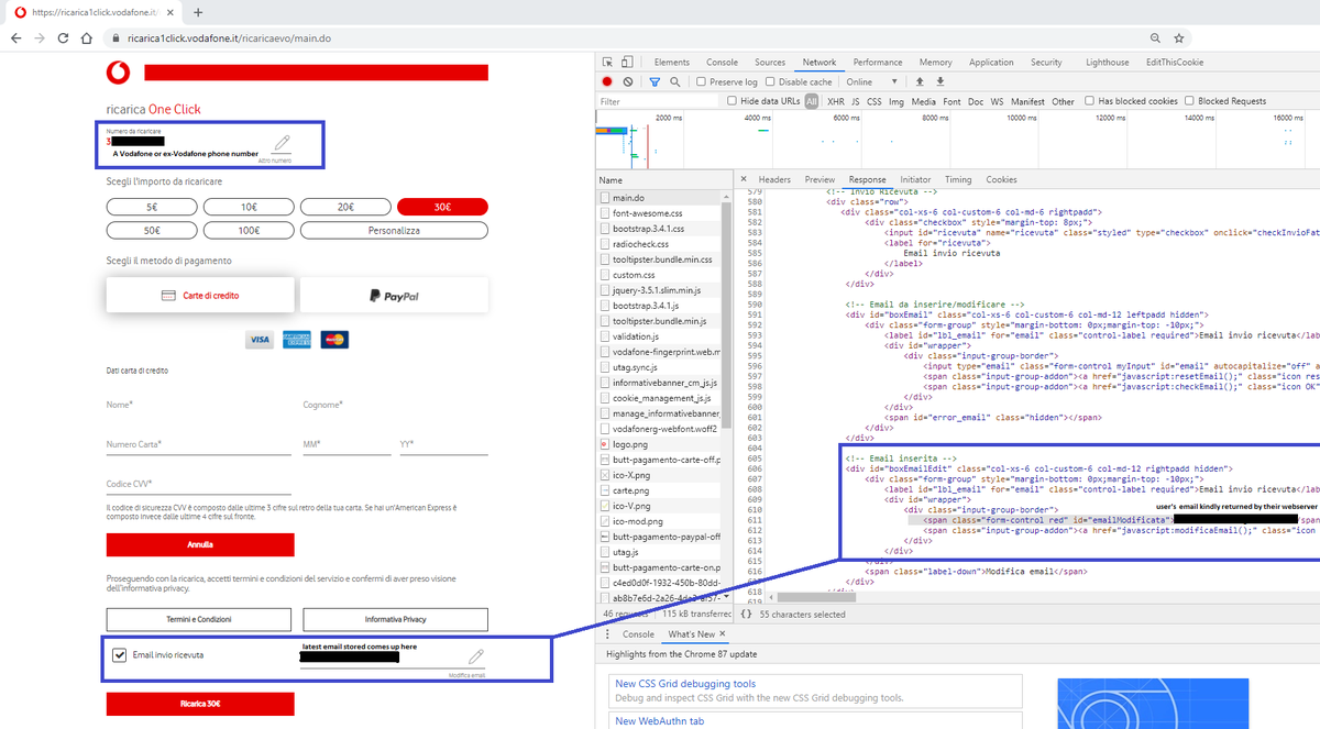 solver_re's tweet photo. @VodafoneIT Ricarica OneClick: for all users who have used their top up service at least once, your email remains stored and exposed forever (even if you change your mobile provider)?
No authentication required. 
#vodafone #homobile #privacy https://t.co/hVcld7EJDD