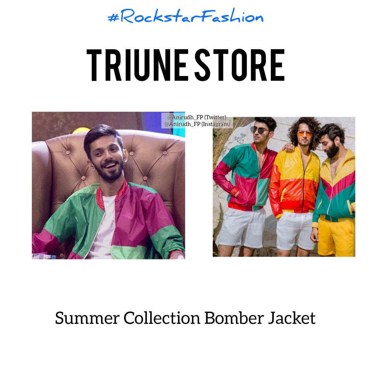 Anirudh_FP's tweet photo. Rockstar @anirudhofficial in #TriuneStore bomber jacket summer collection! 🤩Vibrant & Cool right?
He was wearing this at #SuperSinger7 Ep 27 & 28.
Follow #RockstarFashion @Anirudh_FP to know more ✌🏻 https://t.co/J0UdmnH4K4
